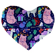 Colorful Funny Christmas Pattern Pig Animal Large 19  Premium Flano Heart Shape Cushions by Vaneshart