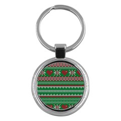 Knitted Christmas Pattern Green Red Key Chain (round)