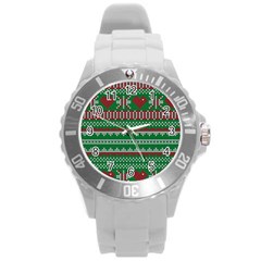 Knitted Christmas Pattern Green Red Round Plastic Sport Watch (l)