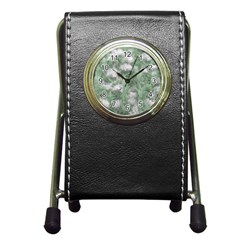 Green And White Textured Botanical Motif Manipulated Photo Pen Holder Desk Clock by dflcprintsclothing