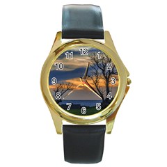 Sunset Scene At Waterfront Boardwalk, Montevideo Uruguay Round Gold Metal Watch by dflcprints