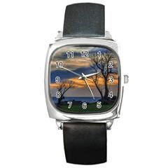 Sunset Scene At Waterfront Boardwalk, Montevideo Uruguay Square Metal Watch by dflcprints
