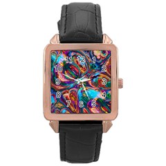 Seamless Abstract Colorful Tile Rose Gold Leather Watch 