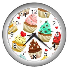 Seamless Pattern Yummy Colored Cupcakes Wall Clock (silver) by Wegoenart