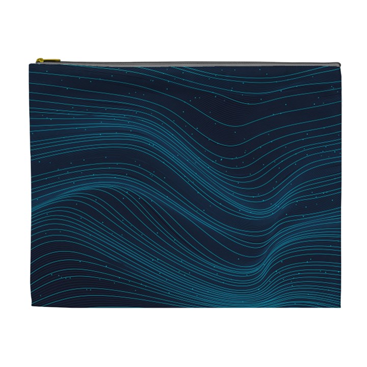 Abstract Glowing Blue Wave Lines Pattern With Particles Elements Dark Background Cosmetic Bag (XL)