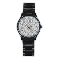 Black And White Baroque Ornate Print Pattern Stainless Steel Round Watch