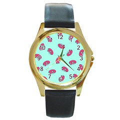 Donuts Pattern Food Colourful Round Gold Metal Watch by Vaneshart