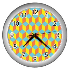 Cube Hexagon Pattern Yellow Blue Wall Clock (silver) by Vaneshart