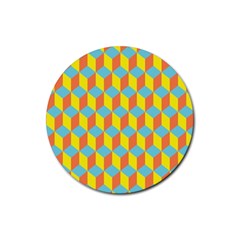 Cube Hexagon Pattern Yellow Blue Rubber Round Coaster (4 Pack) 