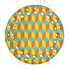 Cube Hexagon Pattern Yellow Blue Ornament (round Filigree)