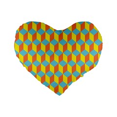 Cube Hexagon Pattern Yellow Blue Standard 16  Premium Flano Heart Shape Cushions