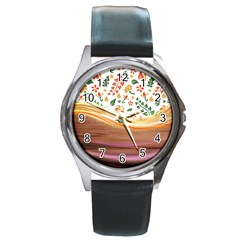 Floral Background Abstract Pattern Round Metal Watch by Vaneshart