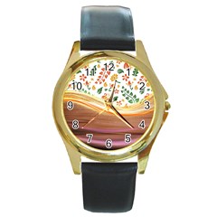 Floral Background Abstract Pattern Round Gold Metal Watch by Vaneshart