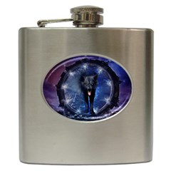Awesome Wolf In The Gate Hip Flask (6 Oz) by FantasyWorld7