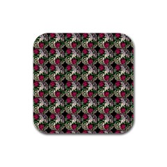 Doily Rose Pattern Black Rubber Square Coaster (4 pack) 
