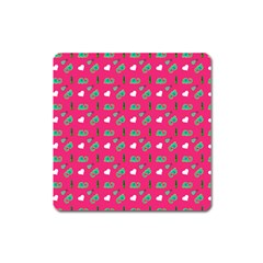 Green Elephant Pattern Hot Pink Square Magnet by snowwhitegirl