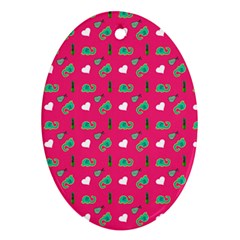 Green Elephant Pattern Hot Pink Oval Ornament (two Sides)
