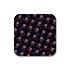 Dark Floral Butterfly Blue Rubber Coaster (Square) 