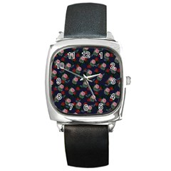 Dark Floral Butterfly Blue Square Metal Watch