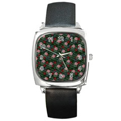 Dark Floral Butterfly Teal Bats Lip Green Square Metal Watch