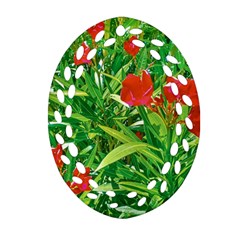 Red Flowers And Green Plants At Outdoor Garden Ornament (oval Filigree) by dflcprintsclothing