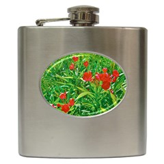 Red Flowers And Green Plants At Outdoor Garden Hip Flask (6 Oz) by dflcprintsclothing
