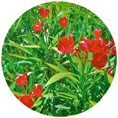 Red Flowers And Green Plants At Outdoor Garden Wooden Puzzle Round by dflcprintsclothing