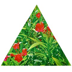 Red Flowers And Green Plants At Outdoor Garden Wooden Puzzle Triangle by dflcprintsclothing