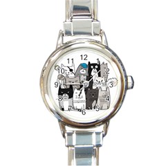 Cute Cat Hand Drawn Cartoon Style Round Italian Charm Watch by Vaneshart