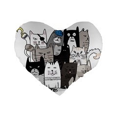 Cute Cat Hand Drawn Cartoon Style Standard 16  Premium Flano Heart Shape Cushions