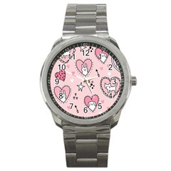 Cartoon Cute Valentines Day Doodle Heart Love Flower Seamless Pattern Vector Sport Metal Watch by Vaneshart