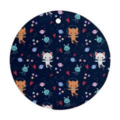 Cute Astronaut Cat With Star Galaxy Elements Seamless Pattern Ornament (round)