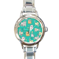 Seamless Pattern Cute Cat Cartoon With Hand Drawn Style Round Italian Charm Watch