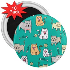 Seamless Pattern Cute Cat Cartoon With Hand Drawn Style 3  Magnets (10 Pack) 