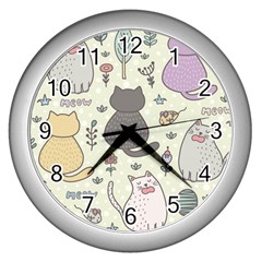 Funny Cartoon Cats Seamless Pattern  Wall Clock (silver)