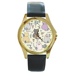 Funny Cartoon Cats Seamless Pattern  Round Gold Metal Watch