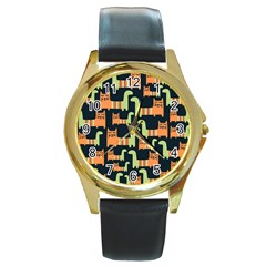 Seamless Pattern With Cats Round Gold Metal Watch by Vaneshart