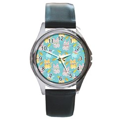 Vector Seamless Pattern With Colorful Cats Fish Round Metal Watch