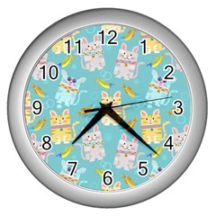 Vector Seamless Pattern With Colorful Cats Fish Wall Clock (Silver)