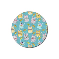 Vector Seamless Pattern With Colorful Cats Fish Rubber Round Coaster (4 pack) 