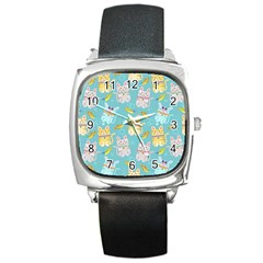 Vector Seamless Pattern With Colorful Cats Fish Square Metal Watch