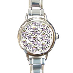 Hand Drawn Cute Cat Pattern Round Italian Charm Watch