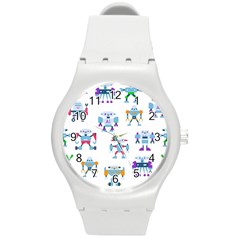 Cute Toy Robotsantennas Wires Seamless Pattern Round Plastic Sport Watch (m) by Nexatart