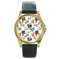 Cinema Icons Pattern Seamless Signs Symbols Collection Icon Round Gold Metal Watch