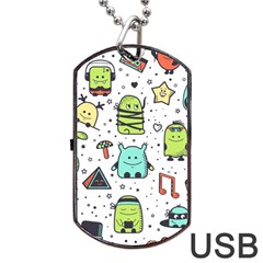 Seamless Pattern With Funny Monsters Cartoon Hand Drawn Characters Colorful Unusual Creatures Dog Tag Usb Flash (two Sides) by Nexatart