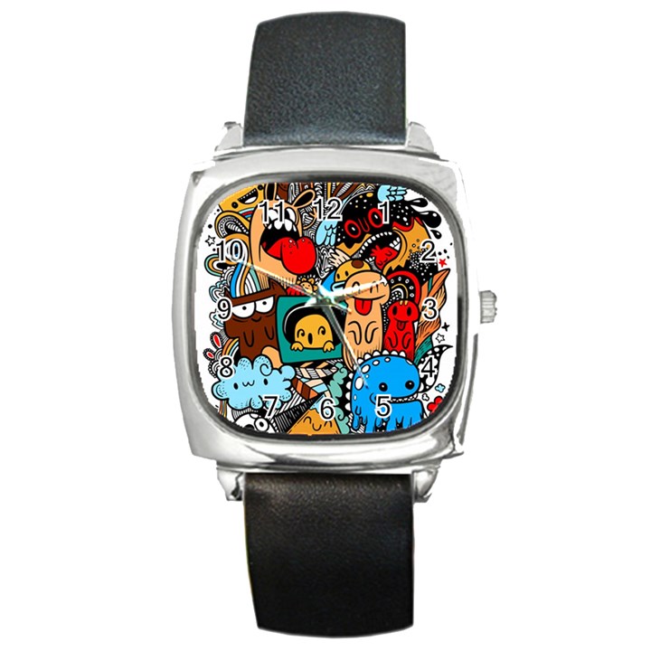 Abstract Grunge Urban Pattern With Monster Character Super Drawing Graffiti Style Square Metal Watch