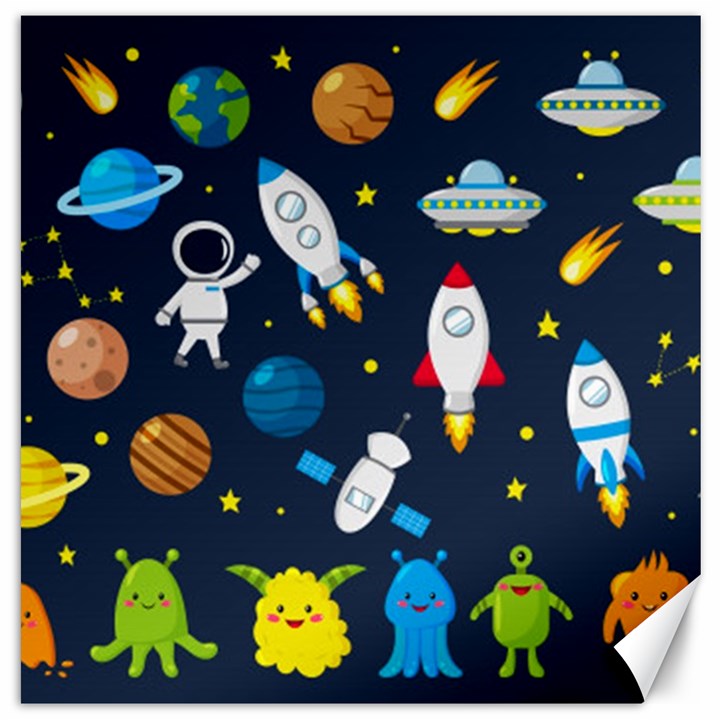 Big Set Cute Astronauts Space Planets Stars Aliens Rockets Ufo Constellations Satellite Moon Rover V Canvas 12  x 12 