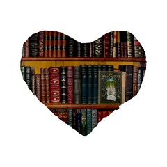 Books Library Bookshelf Bookshop Standard 16  Premium Flano Heart Shape Cushions