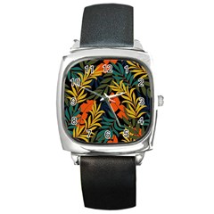 Fashionable Seamless Tropical Pattern With Bright Green Blue Plants Leaves Square Metal Watch