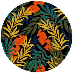 Fashionable Seamless Tropical Pattern With Bright Green Blue Plants Leaves Wooden Puzzle Round